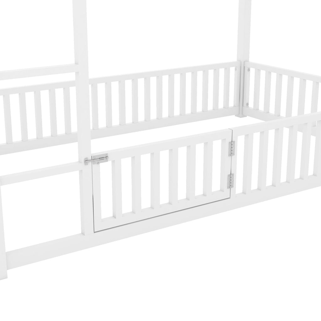 Metal House Bunk Bed with Fence and Door - Twin over Twin