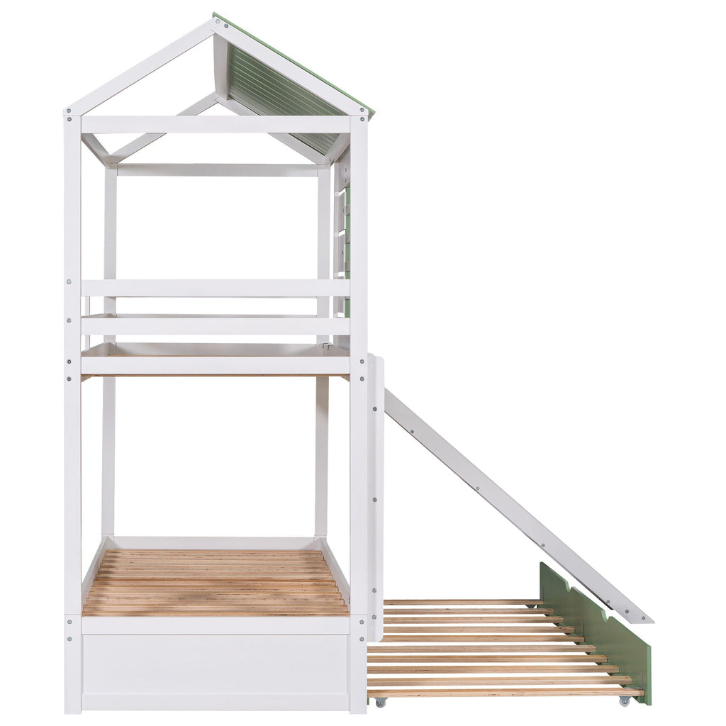Twin Over Twin House Bunk Bed with Convertible Slide and Trundle - White