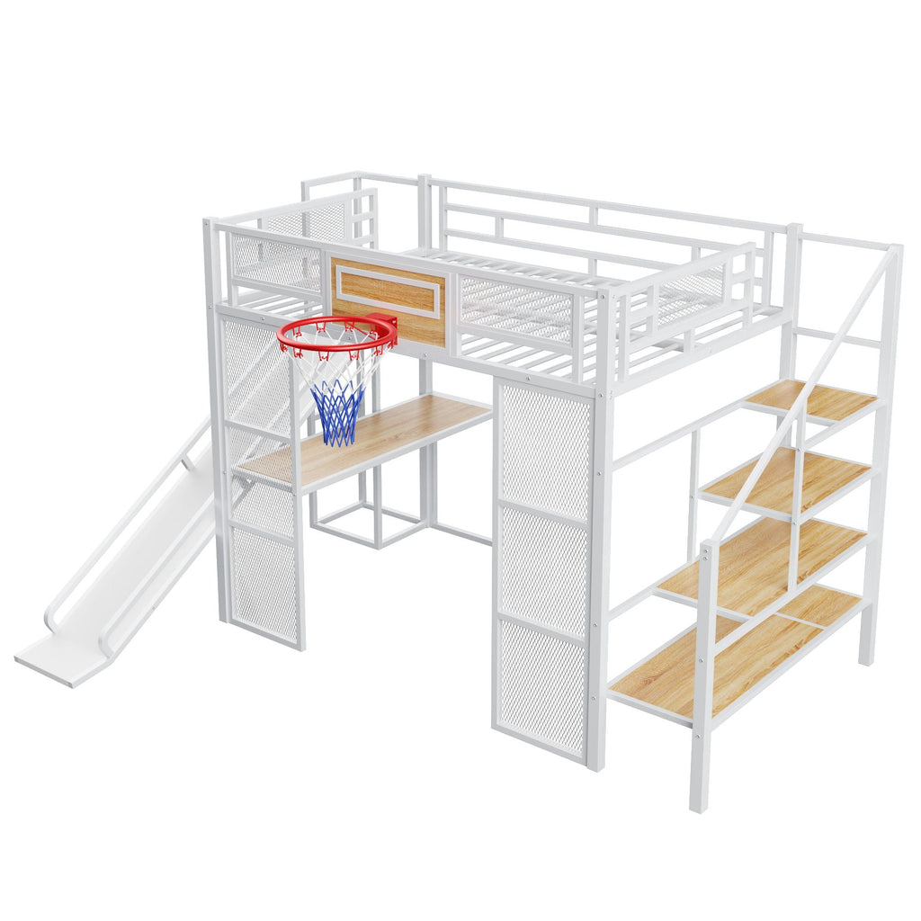 Full Loft Bed with Built-In Desk, Slide & Storage - Black or White