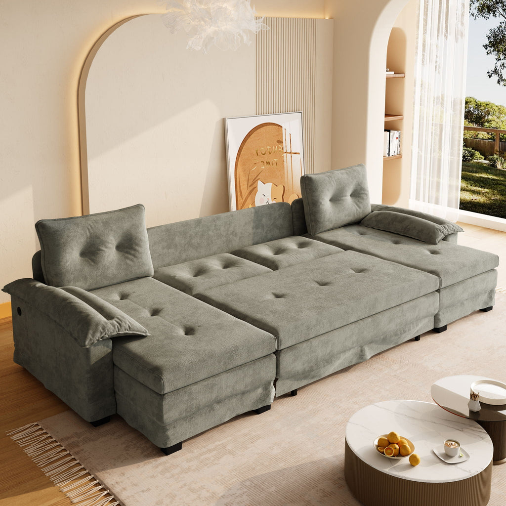 U-Shaped Sleeper Sectional with Pull Out Bed and USB Ports - Fabric
