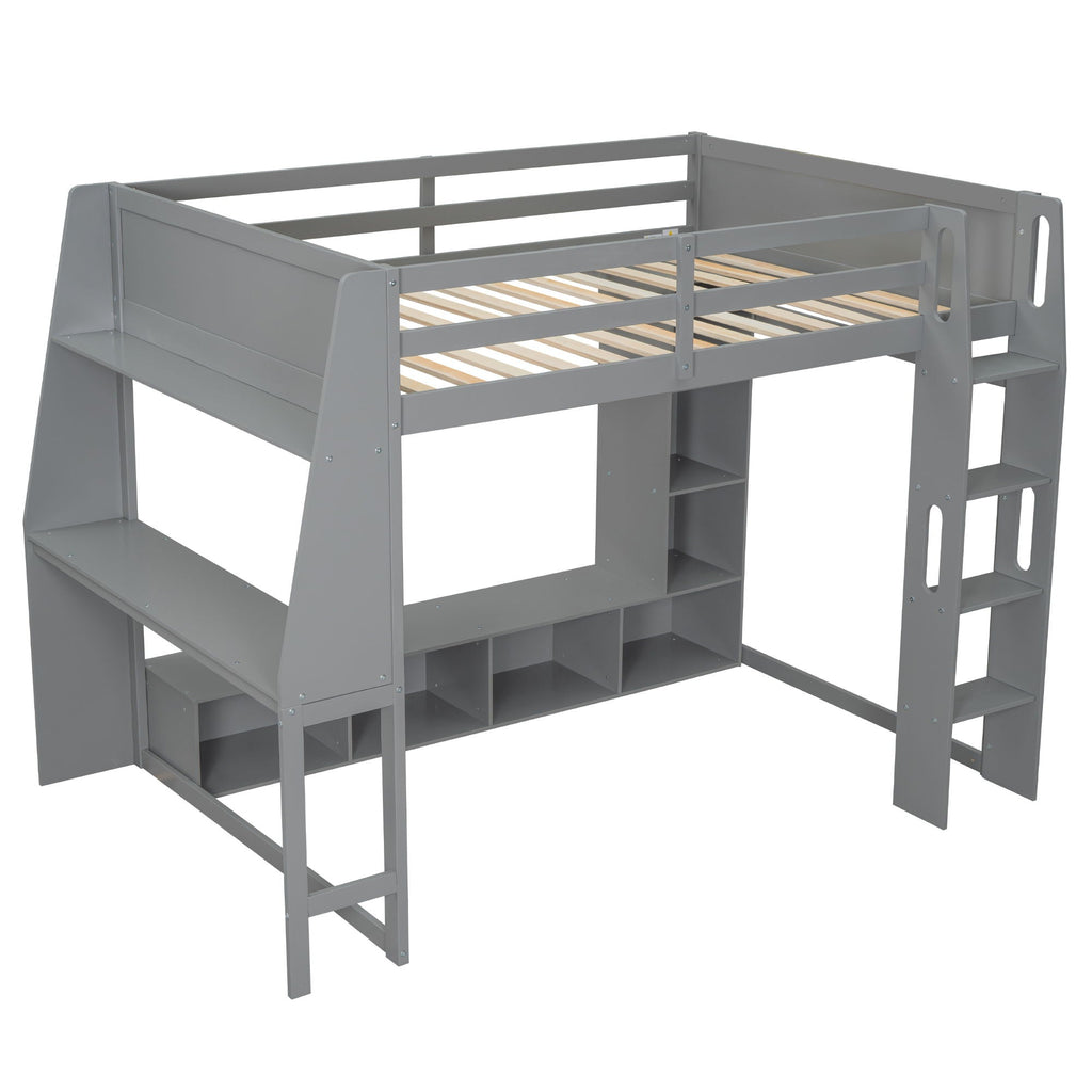 Gaming Loft Bed with Desk and Storage Shelves – LED Lighting – Black or Dark Gray
