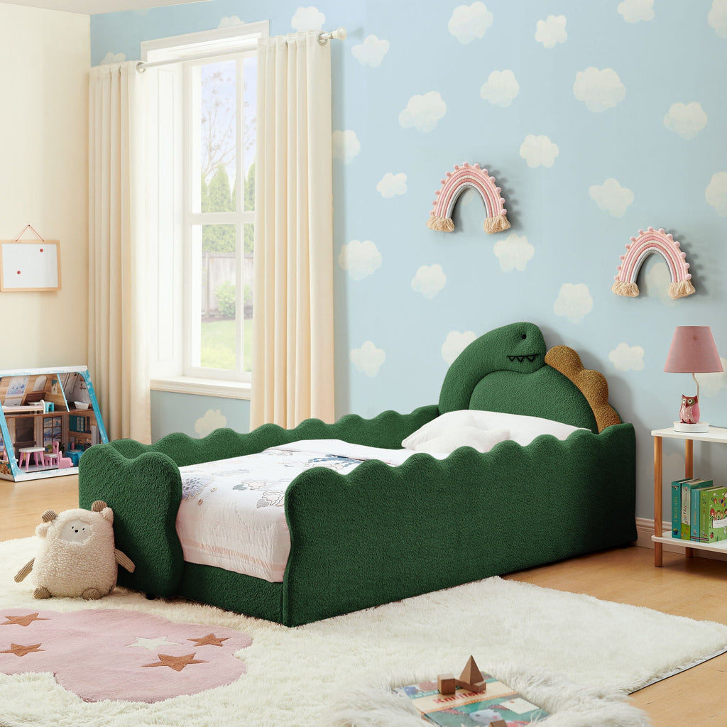 Dinosaur Shaped Toddler Bed with Safety Guardrail - Twin Upholstered Bed