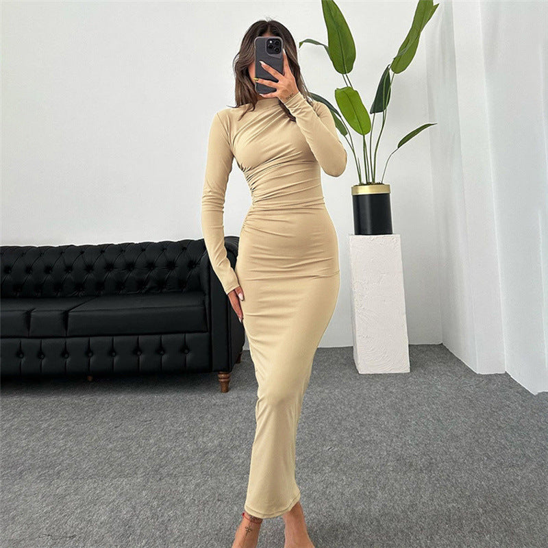 Solid Color Long Sleeve Round Neck Fitted Bodycon Dress
