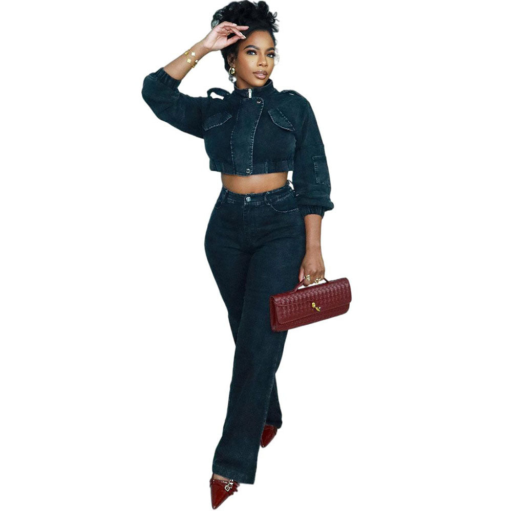 Black Cropped Denim Jacket & High-Waist Pants Set