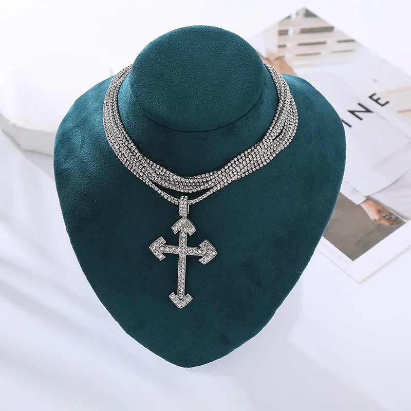 Rhinestone Cross Statement Choker Necklace