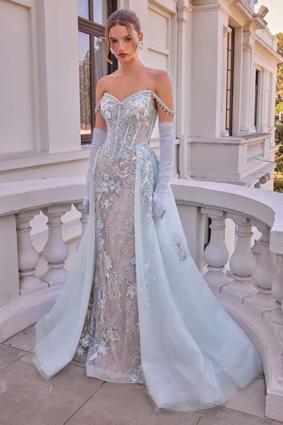 Andrea & Leo A1518 Fitted Lace Off The Shoulder Gown With Overskirt