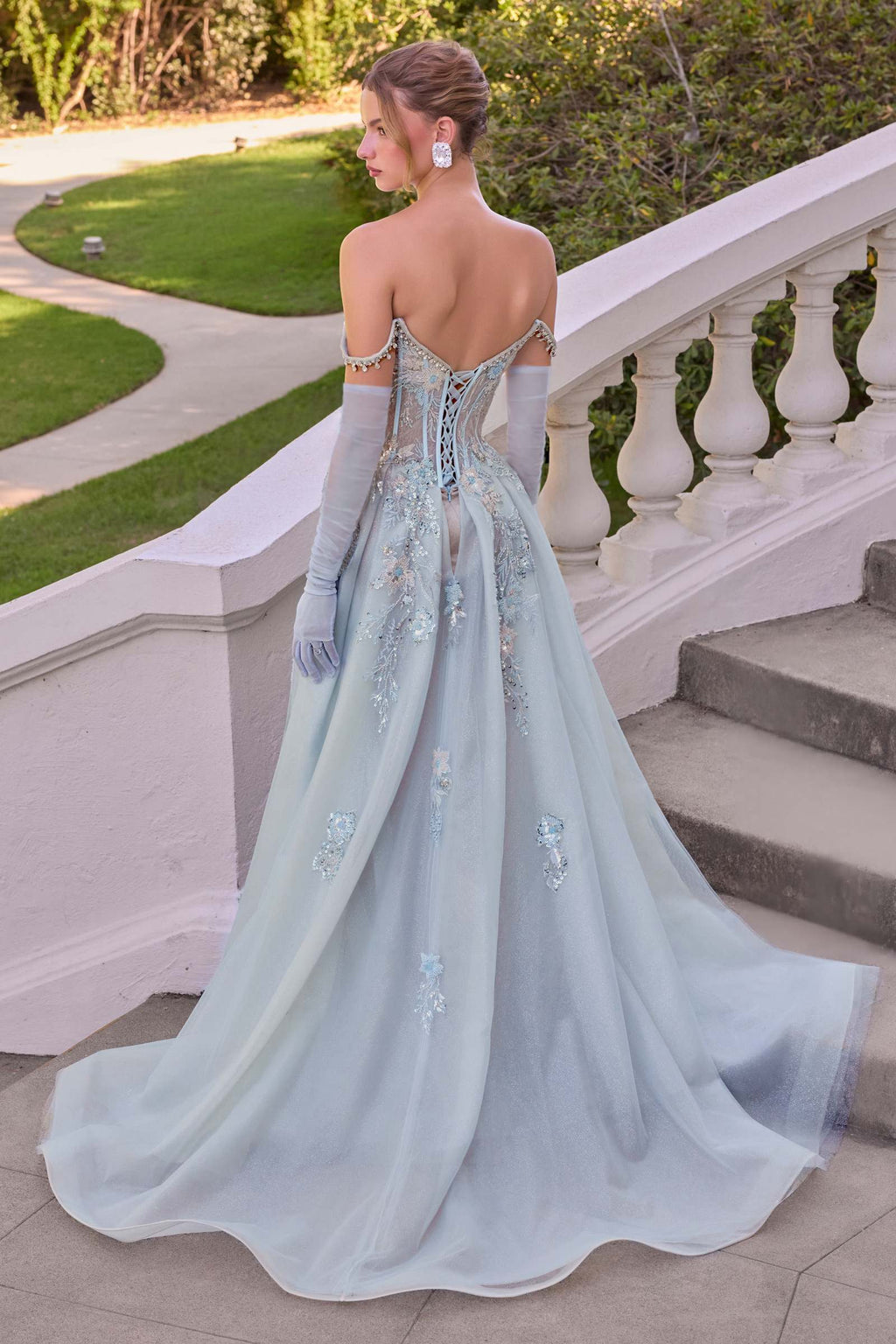 Andrea & Leo A1518 Fitted Lace Off The Shoulder Gown With Overskirt