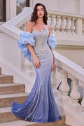 Andrea & Leo A1519 Strapless Beaded Gown With Organza Ruffle Shawl