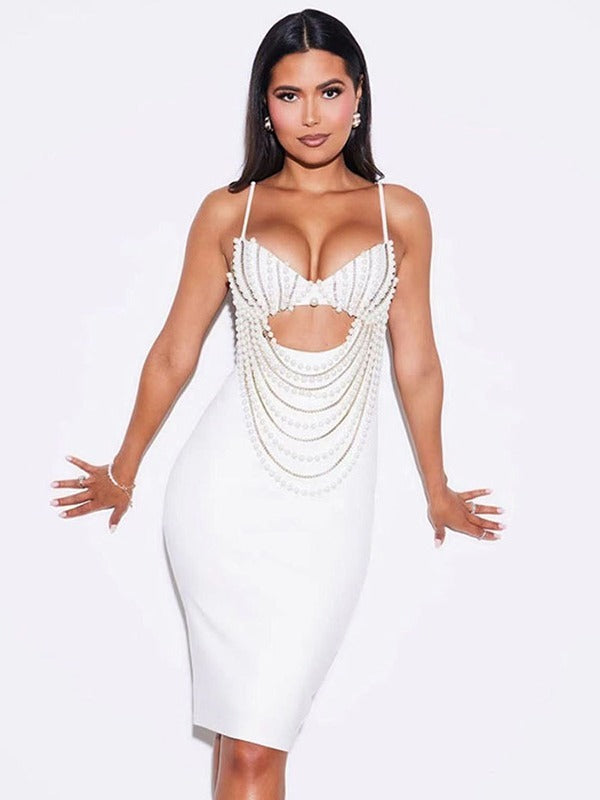 Beaded Chain Cutout Bandage Midi Dress