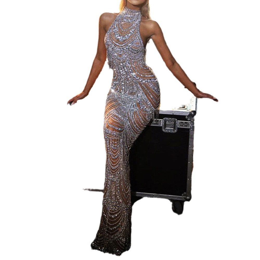 Sheer Gold Sprinkled Strapless Long Dress