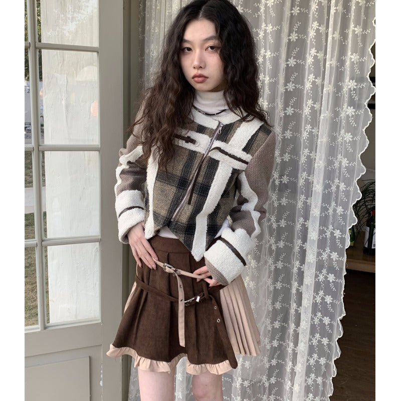 Plaid Spliced Jackets for Women Autumn Winter  Vintage New O Neck Wool Coats Chic Zippers Long Sleeve Jackets