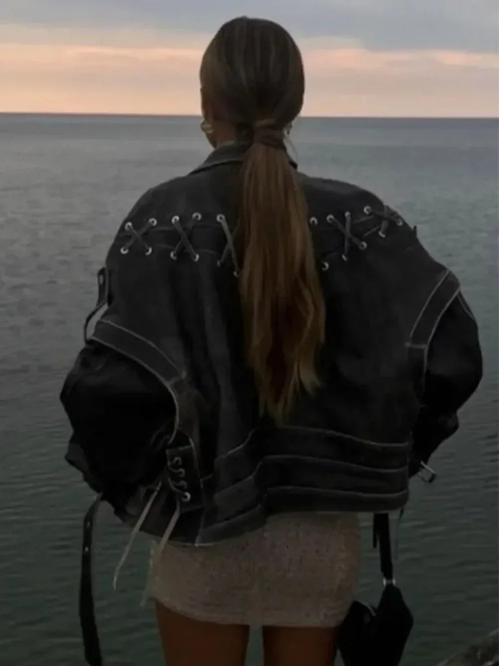 Leather Jacket for Women Vintage Long Sleeve Crop Leather Coat Lapel Collar Lacing design Pu Patchwork  Lady High Streetwear