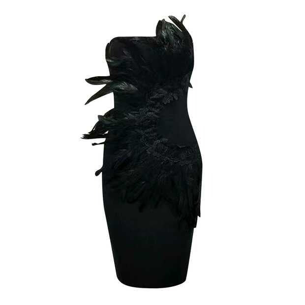 Feather Trim Strapless Bandage Dress