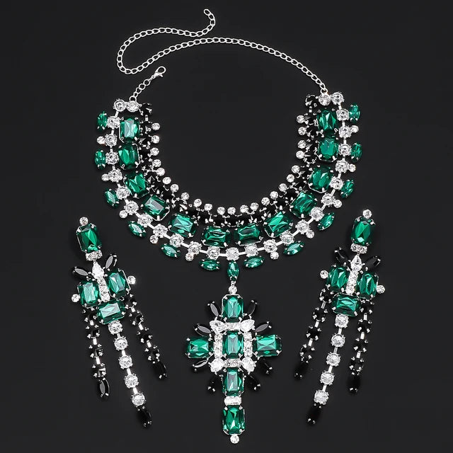 Rhinestone Cross Statement Necklace Set