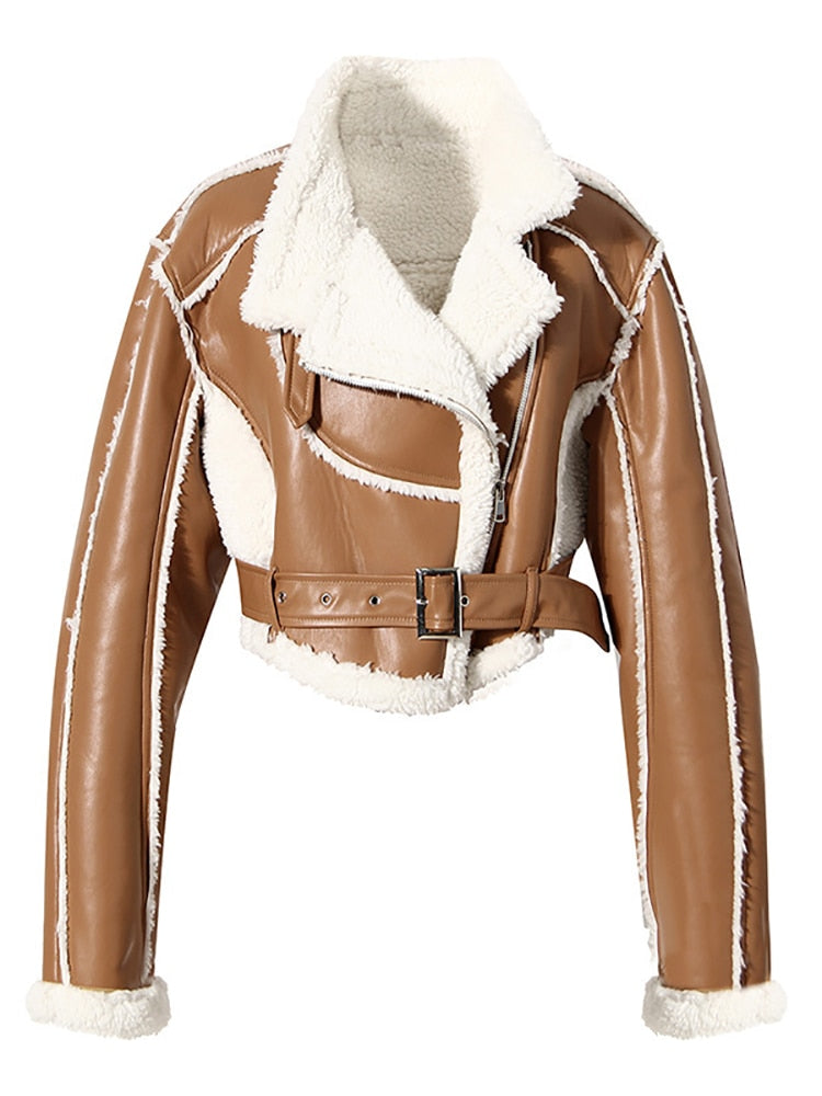 Belted Faux-Fur Moto Jacket