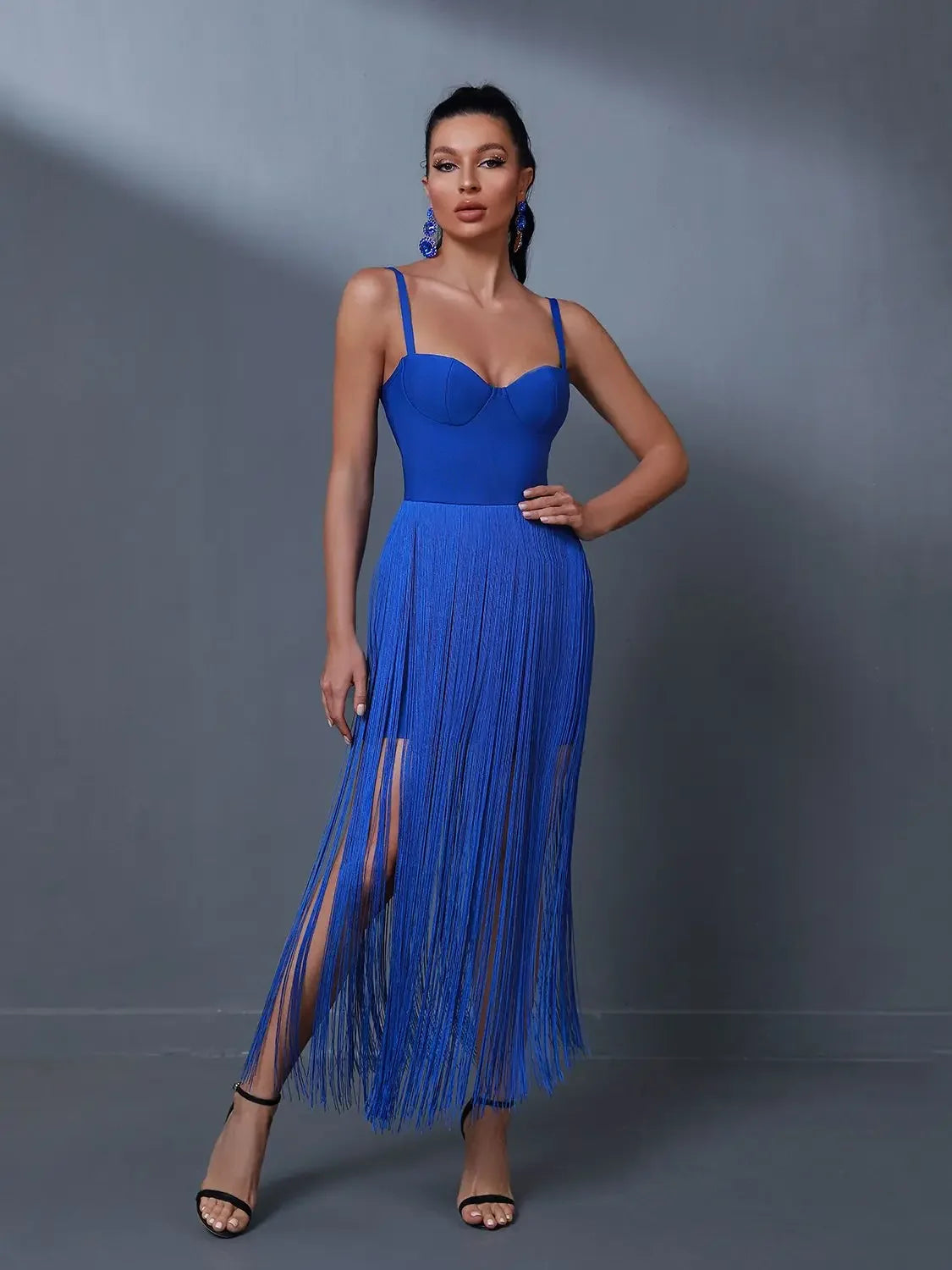 Navy Fringe Bandage Midi Dress
