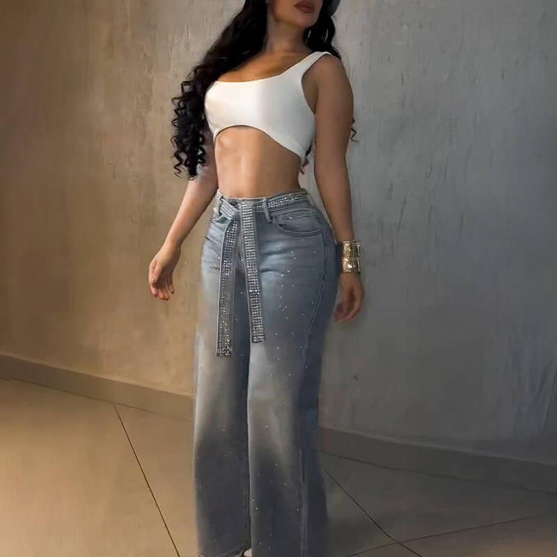 Rhinestone Embellished Jeans with Crystal Belt, High-Waisted Wide Leg Loose Straight Fit Dragging Pants