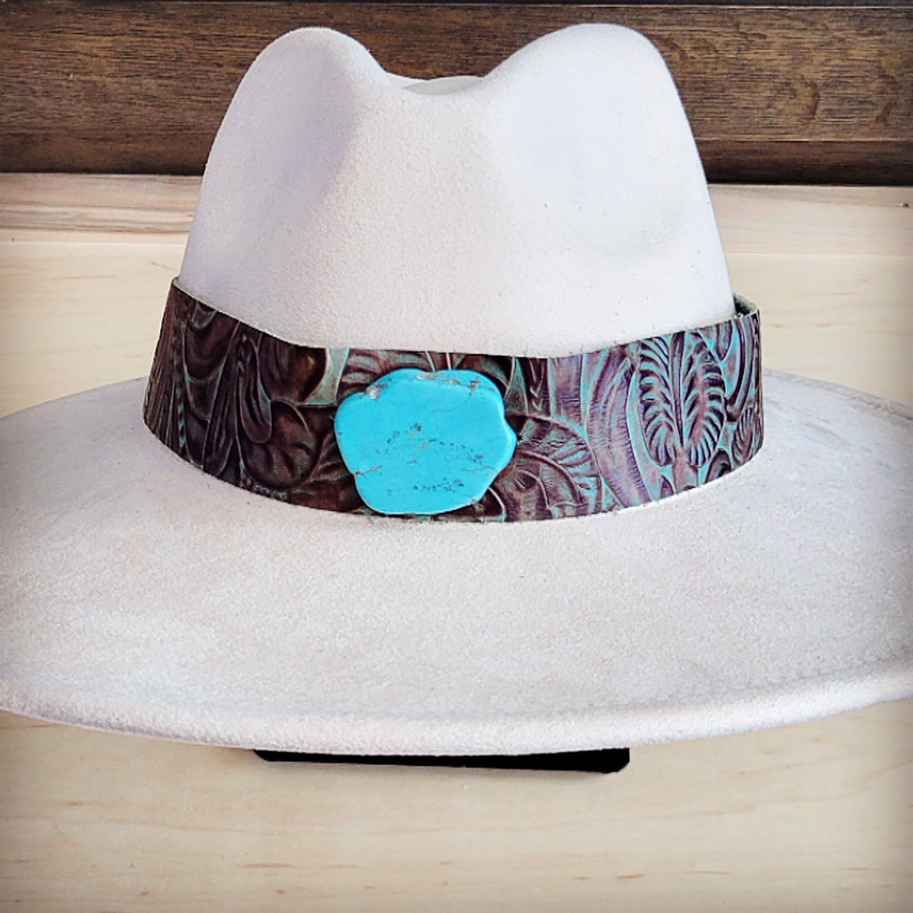 Wide Genuine Leather Brown Floral Hat Band w/ Turq 953q