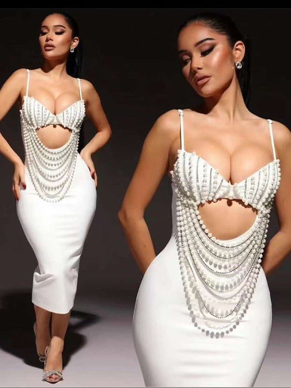 Beaded Chain Cutout Bandage Midi Dress