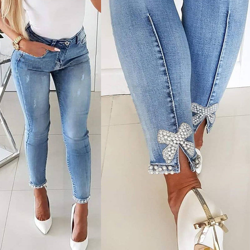 Slim Fit Butterfly Applique Beaded Split Skinny Pencil Jeans for Women, High Waist, Stretch Denim, Casual Fashion Pants
