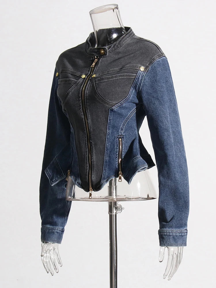 Hit Color Jackets For Women Round Neck Long Sleeve Patchwork Zipper Casual Loose Irregular Jacket Female Fashion