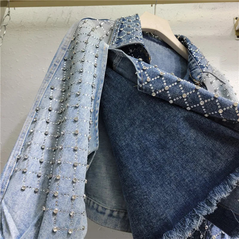 Women Hot Drilling Diamond Beads Retro Washed Denim Jacket Contrast Color Patchwork Rhinestone Jeans Coat Fake Two Piece Outwear