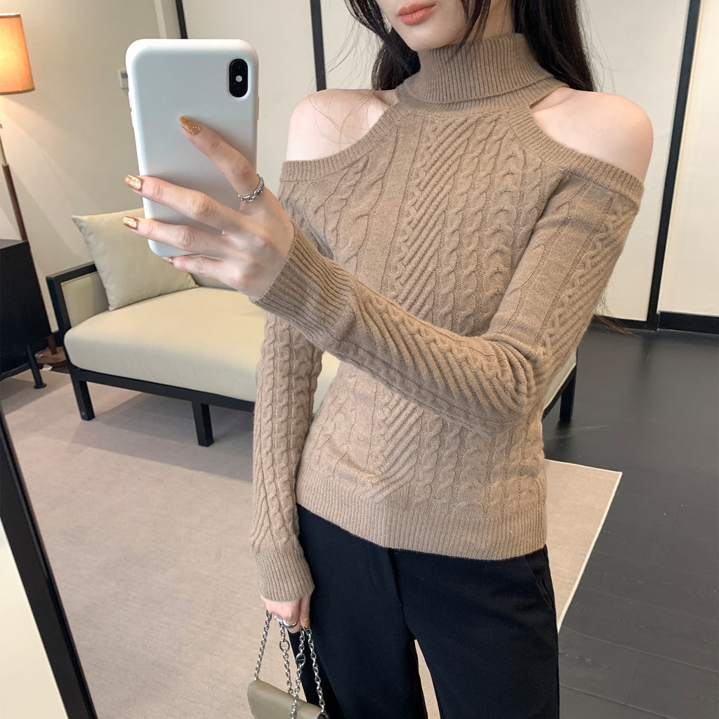 Sculpted Off-Shoulder High-Neck Sweater