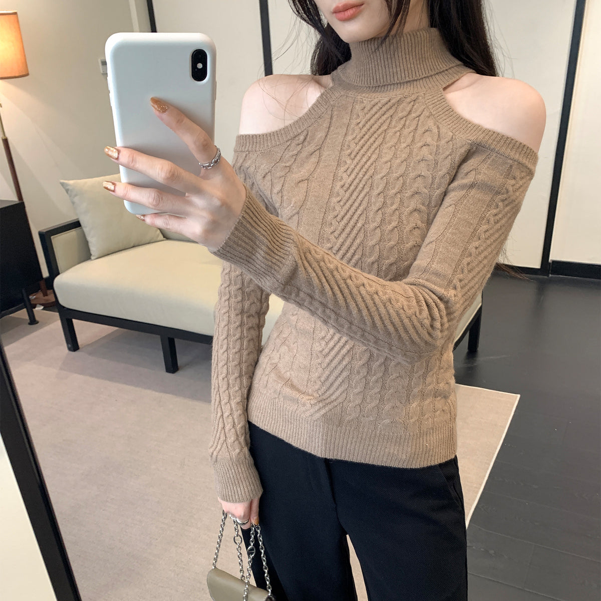 Sculpted Off-Shoulder High-Neck Sweater