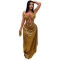 Fashionable Women's Sexy Halter Neck Gold Chain Pleated Sleeveless Dress