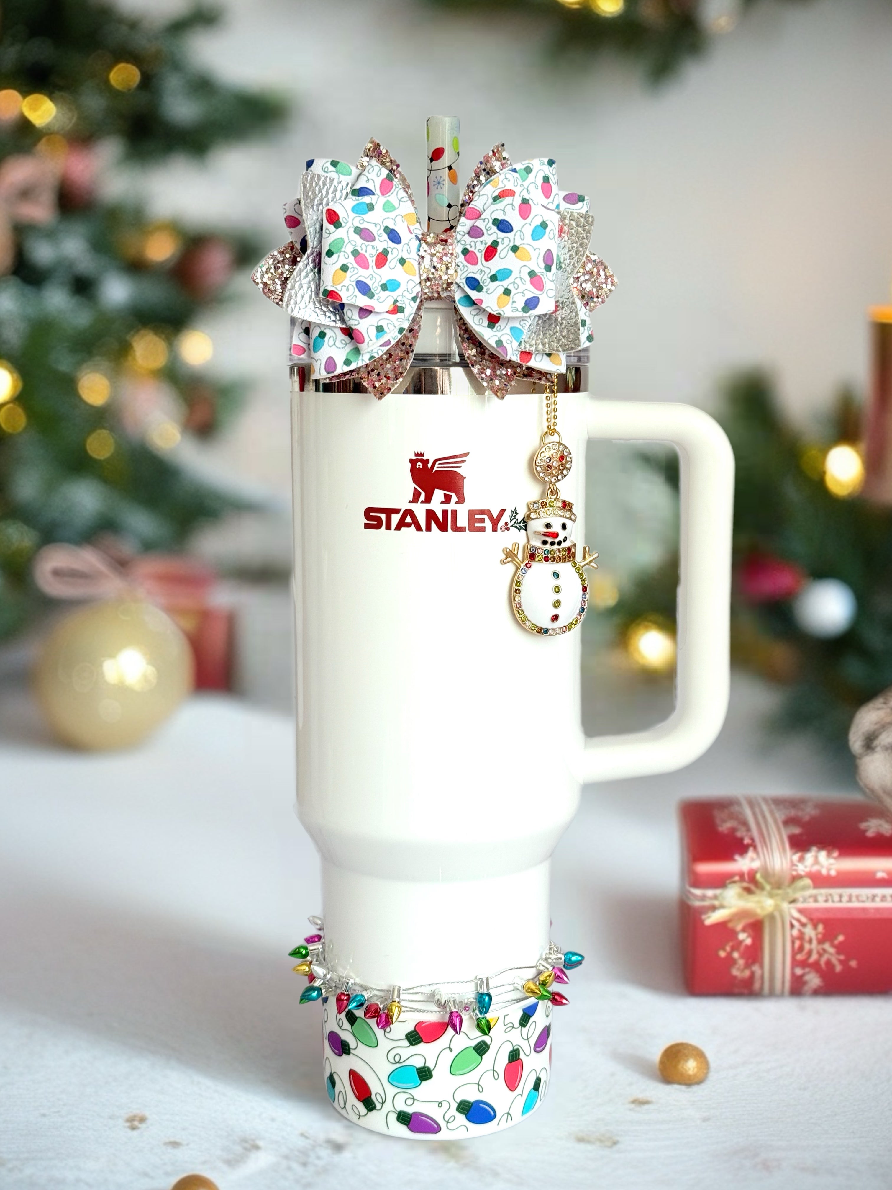 Christmas Lights Glitter Tumbler Bow