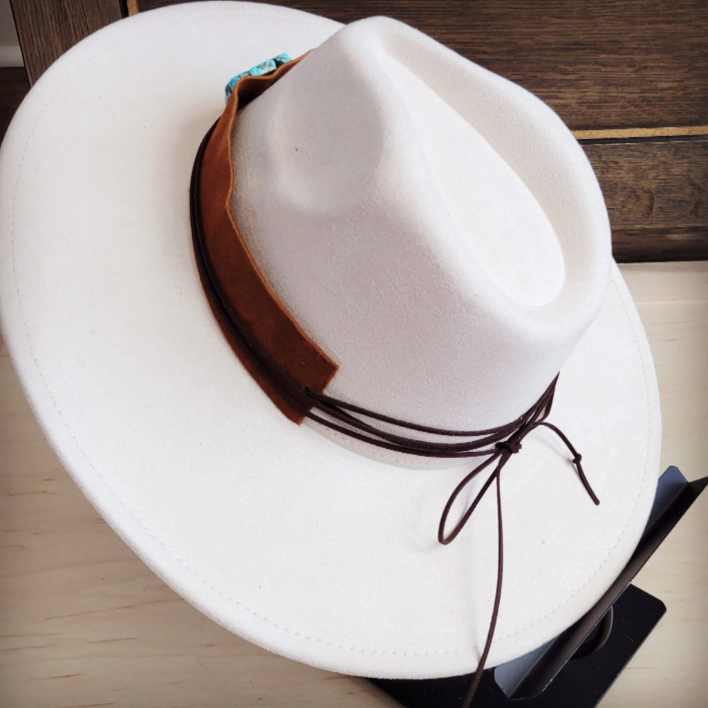 Wide Genuine Leather Tan Suede Hat Band w/ Turq 953r
