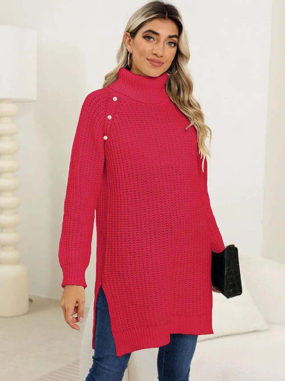 Slit Turtleneck Long-Sleeve Sweater