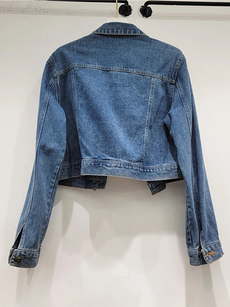 Women's Denim Coats Splicing Asymmetry Crystal Diamonds Single Breasted Female Jackets  Autumn New Fashion