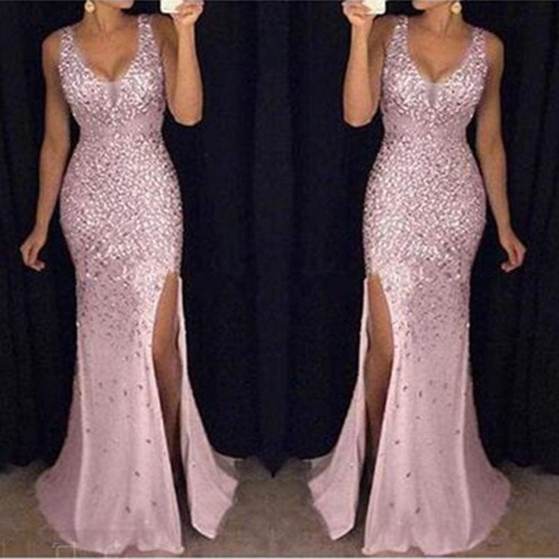 Gold Foil Printed Sleeveless Split Long Dress Evening Gown