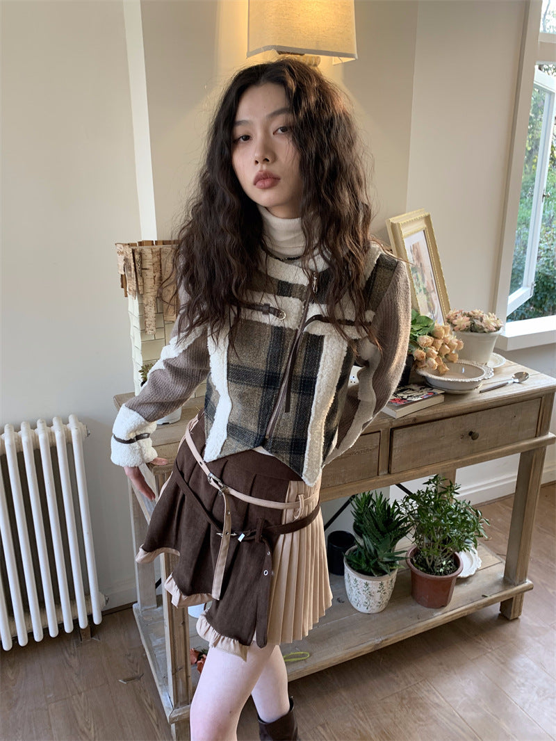 Plaid Spliced Jackets for Women Autumn Winter  Vintage New O Neck Wool Coats Chic Zippers Long Sleeve Jackets