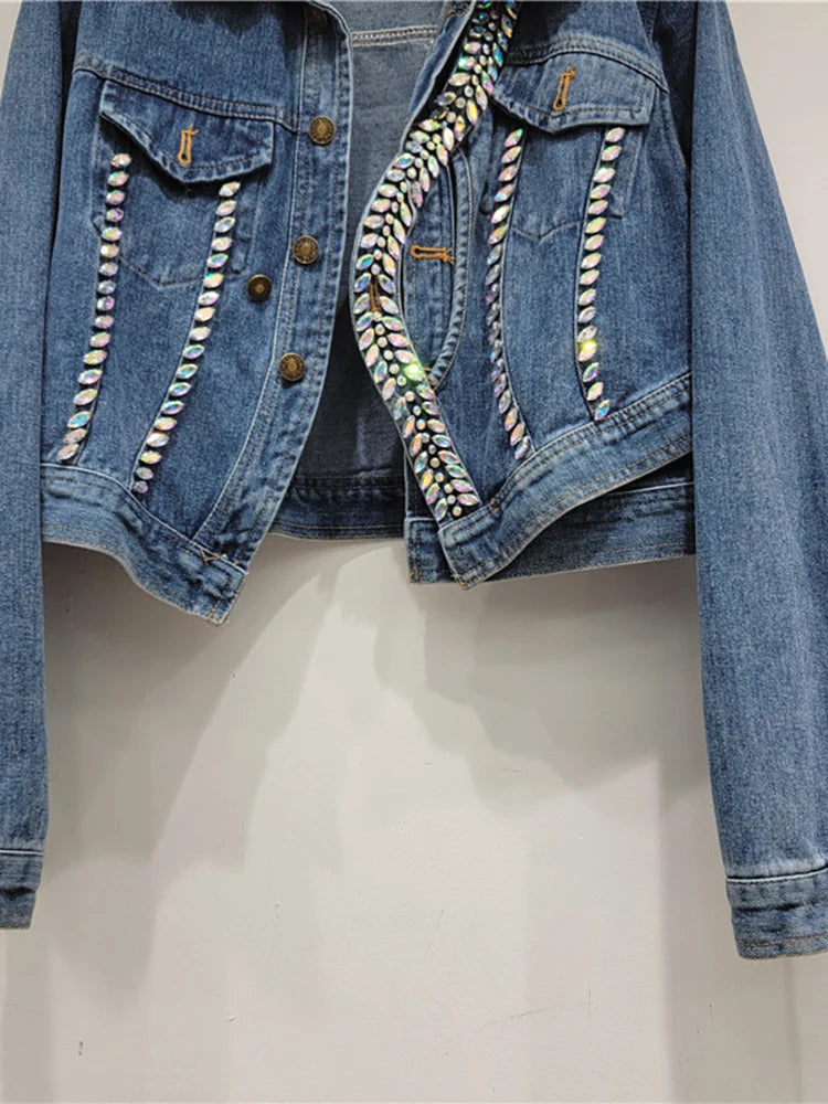 Women's Denim Coats Splicing Asymmetry Crystal Diamonds Single Breasted Female Jackets  Autumn New Fashion