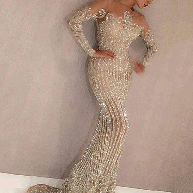 Long skirt mid waist temperament commuting gold sequins solid color chest wrap stretch gold slimming dress