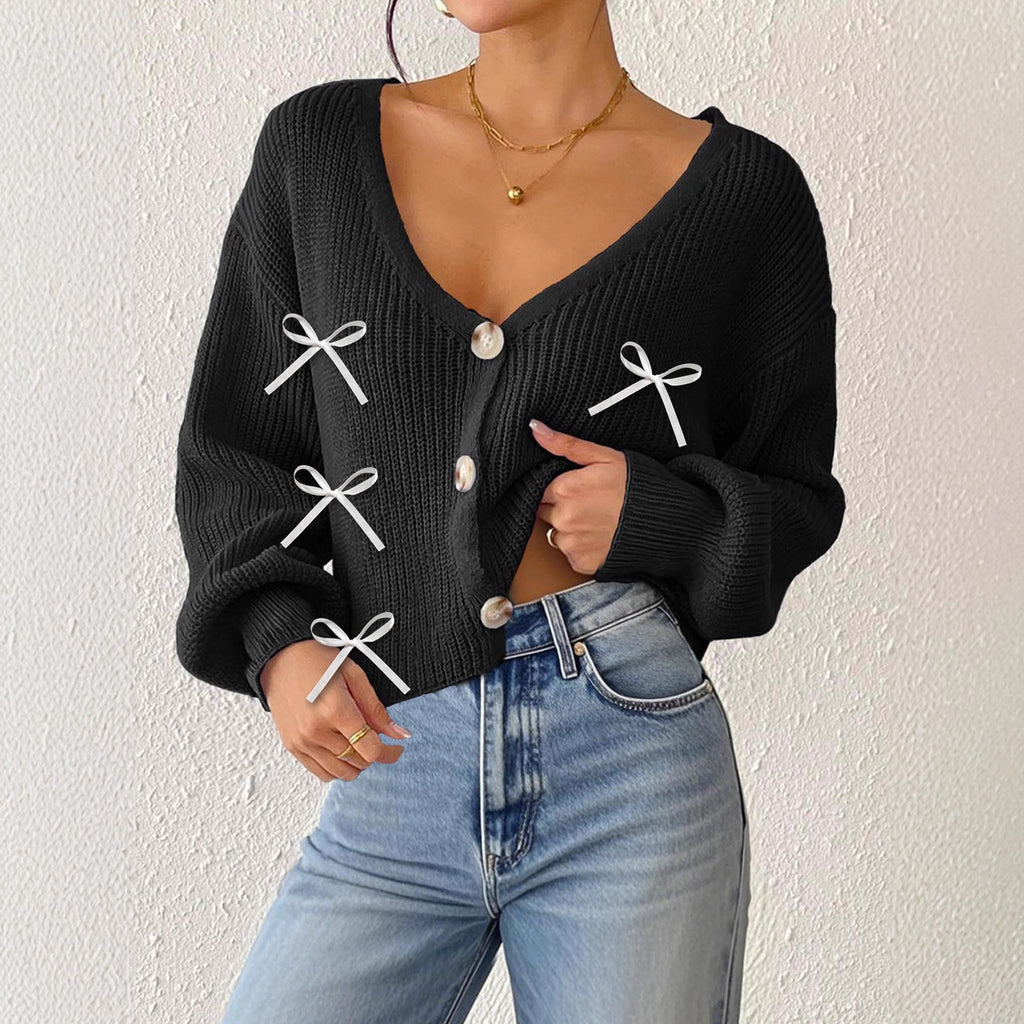 Bow Detail Cropped V-Neck Cardigan