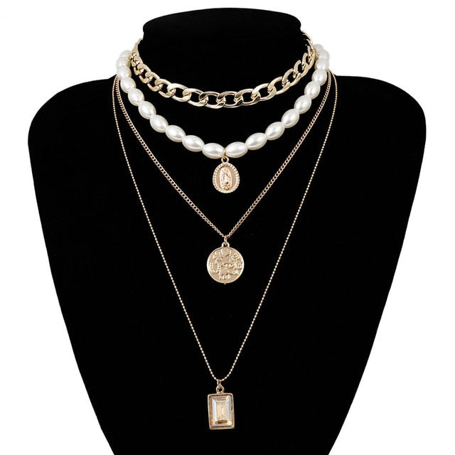 Layered Pearl & Crystal Coin Statement Choker