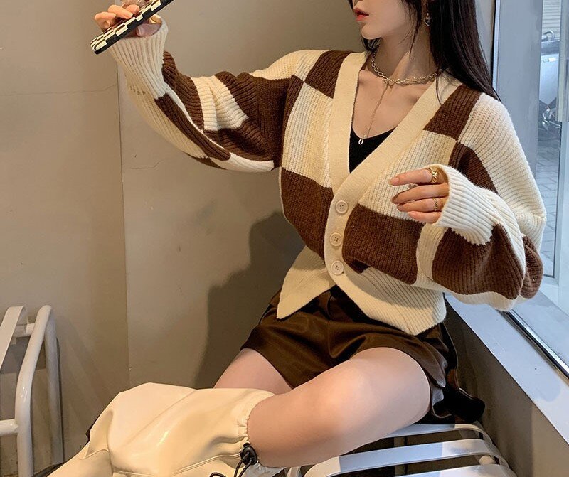 Plaid Patchwork Cropped Cardigan