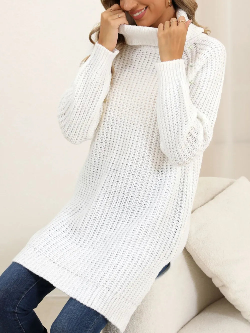 Slit Turtleneck Long-Sleeve Sweater