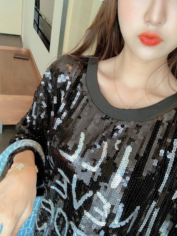 Spring Sequin Short Sleeve Letter Women's Clothing Tops Bling Tops Summer Solid Color Night Club Sexy Female T-Shirts