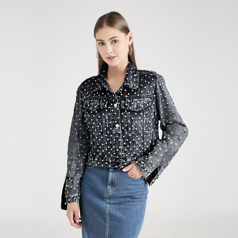 Women's Denim Coat Diamonds Black Washed Single Breasted Long Sleeve Distressed Jackets Autumn New Fashion