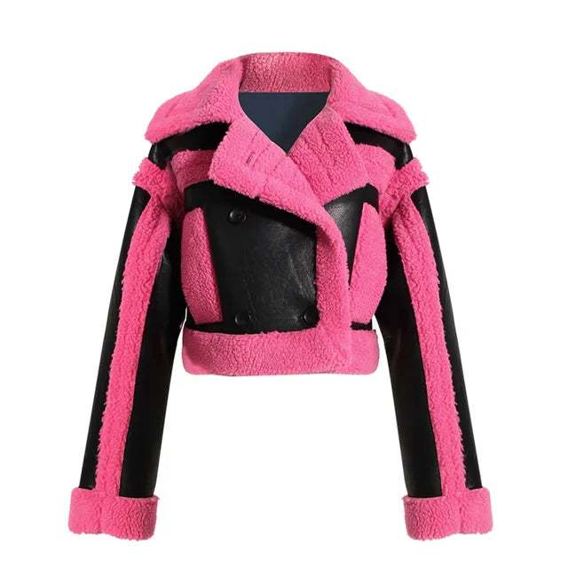 Women Fake Fur Coat Autumn Winter Color Matching Motorcycle One Piece Jacket Fashion All Matching Ladies Warm Tops New