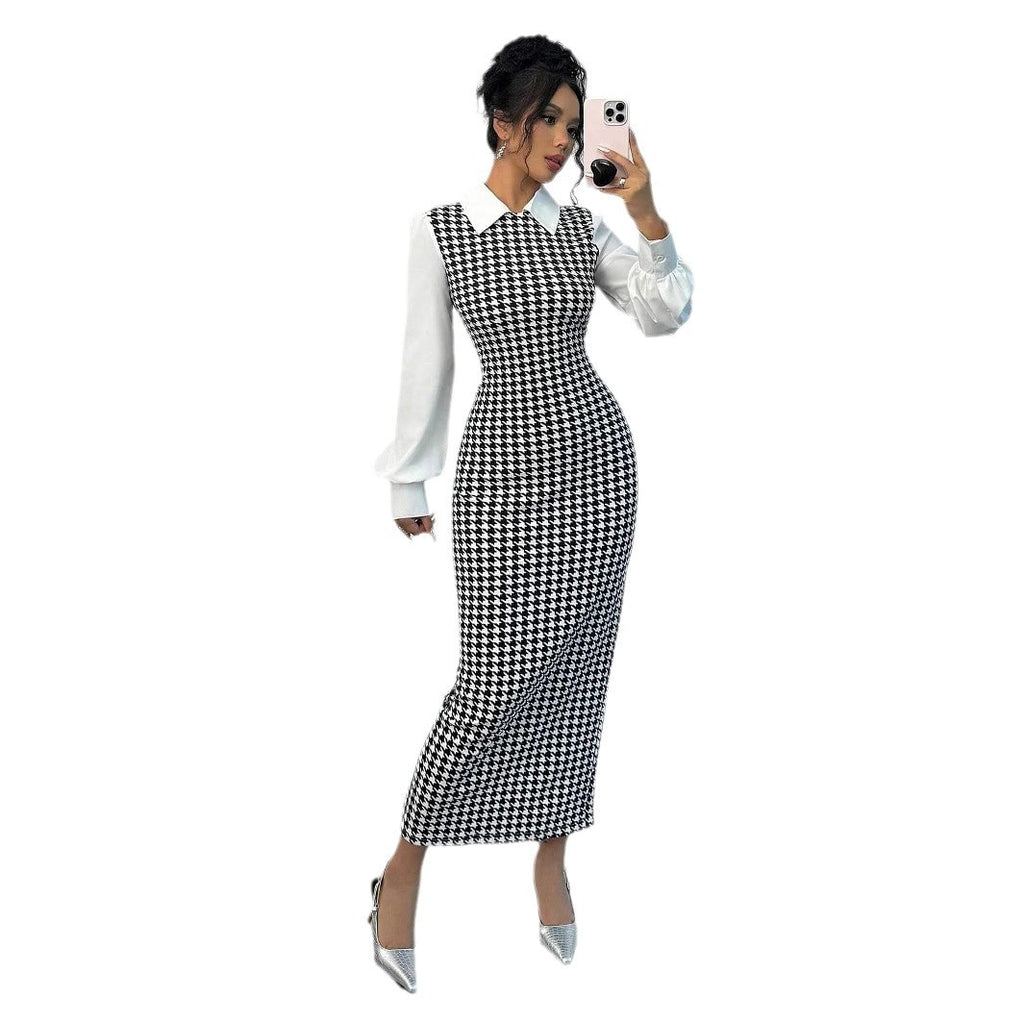 Elegant Fitted Bubble Sleeve Dress with Houndstooth Pattern, Bodycon Long Dress