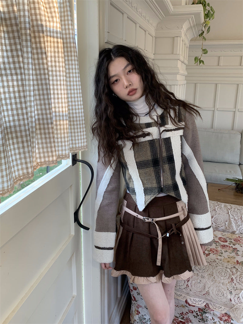 Plaid Spliced Jackets for Women Autumn Winter  Vintage New O Neck Wool Coats Chic Zippers Long Sleeve Jackets