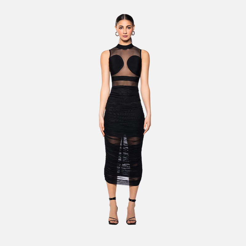 Celebrity Party Dresses For Women Sexy See Through Mesh Patchwork Bodycon Black Bandage Draped Stretch Dress