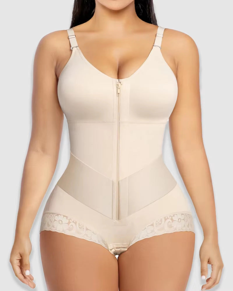 Lace-Trim Full-Body Shapewear with Front Zip