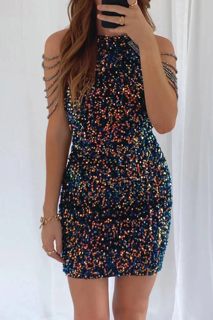 Fashion Halter Neck Sexy Crystal Tassel Bag Hip Sequin Dress Spring And Summer