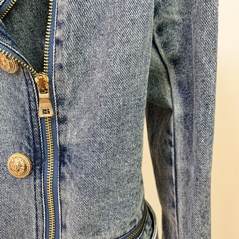 HIGH QUALITY Newest Designer Fashion Designer Jackets Women's Zippers Lion Buttons Biker Denim Motorcycle Jacket